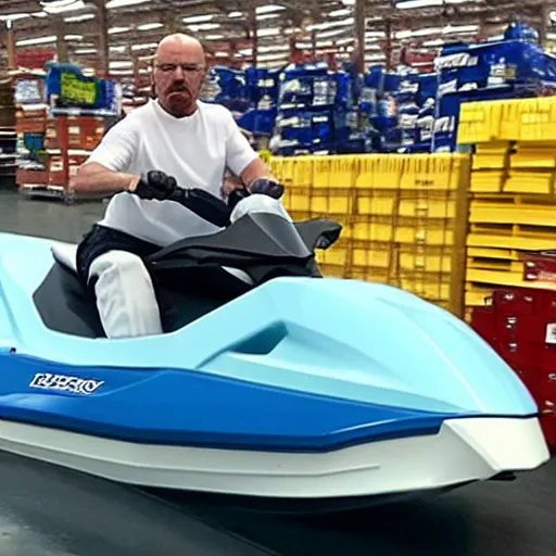 Prompt: walter white riding a jetski at costco