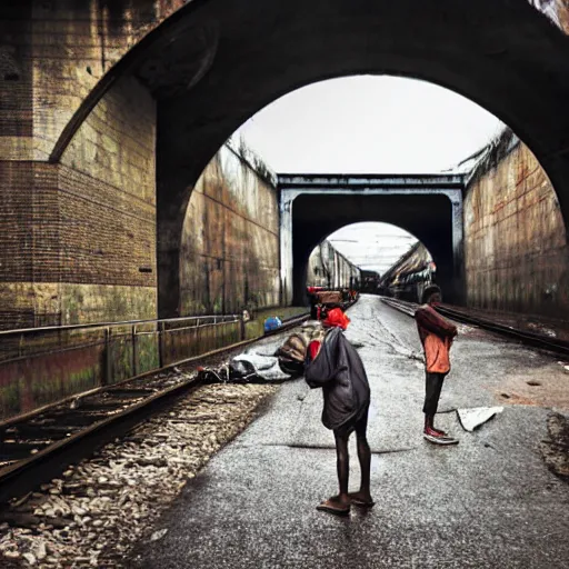 Image similar to poor people life under railway bridge, award winning, realistic, 2 0 0 0 p, hyper details, by steve mccury, best on adobe stock, cinematic, detailed place and people