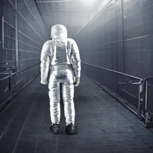 Prompt: mysterious man in silver space suit, walking on a small industrial catwalk, floating in deep space with a black background, photograph, wide angle, long shot