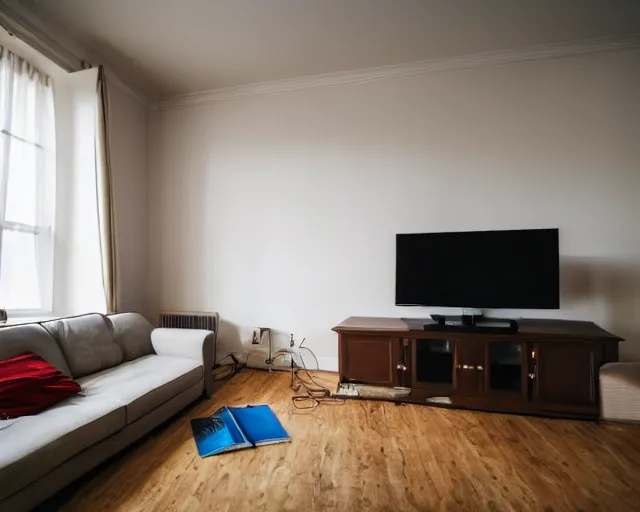 Prompt: Award winning photo of a living room with a TV of a flat abandoned 3 months ago, 4k, high quality