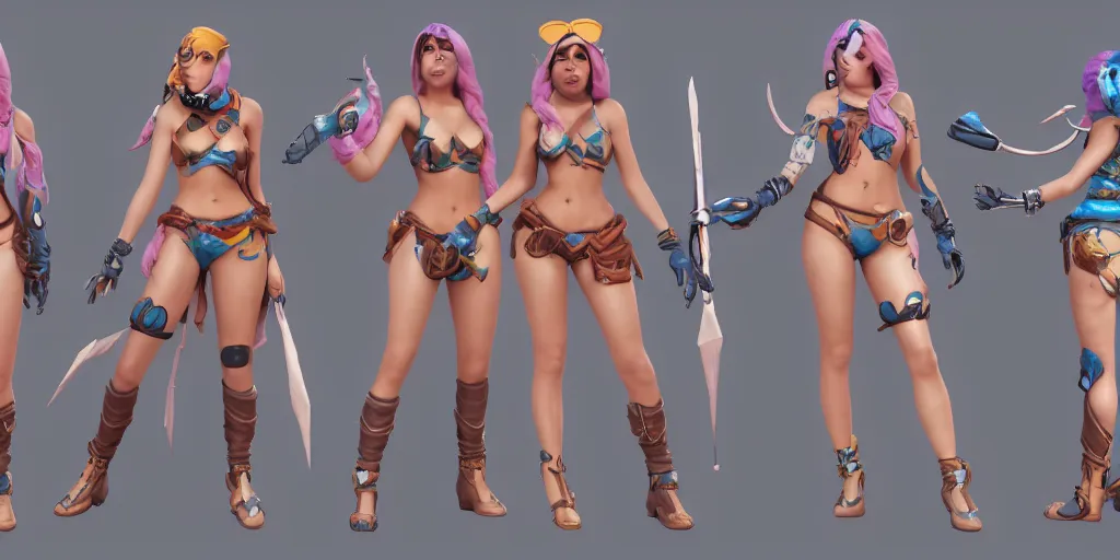 Prompt: Character sheet of pool party samira (League of Legends). 3d unreal engine 5 trending on artstation