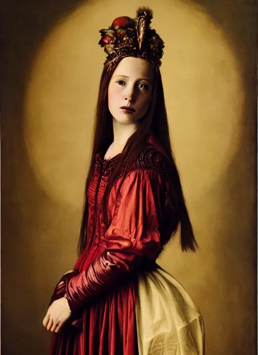 Prompt: portrait of young woman in renaissance dress and renaissance headdress, art by annie leibovitz
