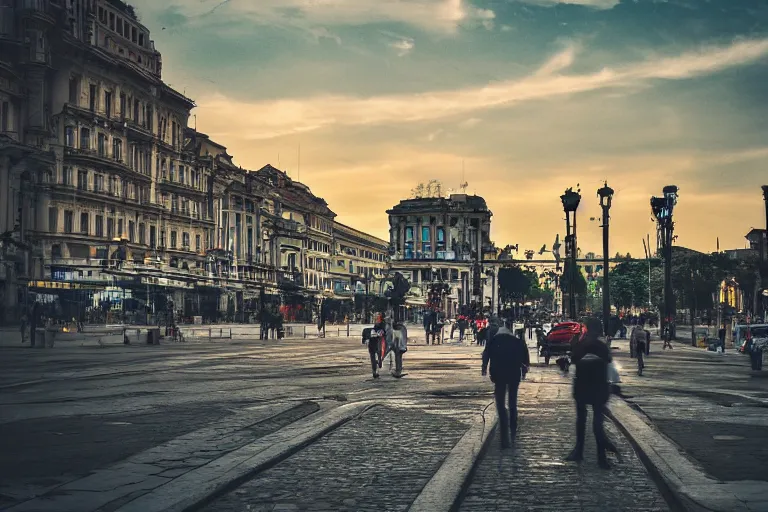 Image similar to urban photography of bucharest, award winning, sunset, streets, buildings, people, beautiful