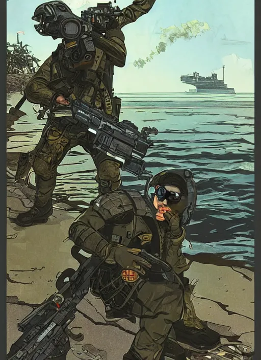 Image similar to Hector. USN blackops operator emerging from water at the shoreline. Agent wearing Futuristic stealth suit and looking at an abandoned shipyard. rb6s, MGS, and splinter cell Concept art by James Gurney, Alphonso Mucha. Vivid color scheme.