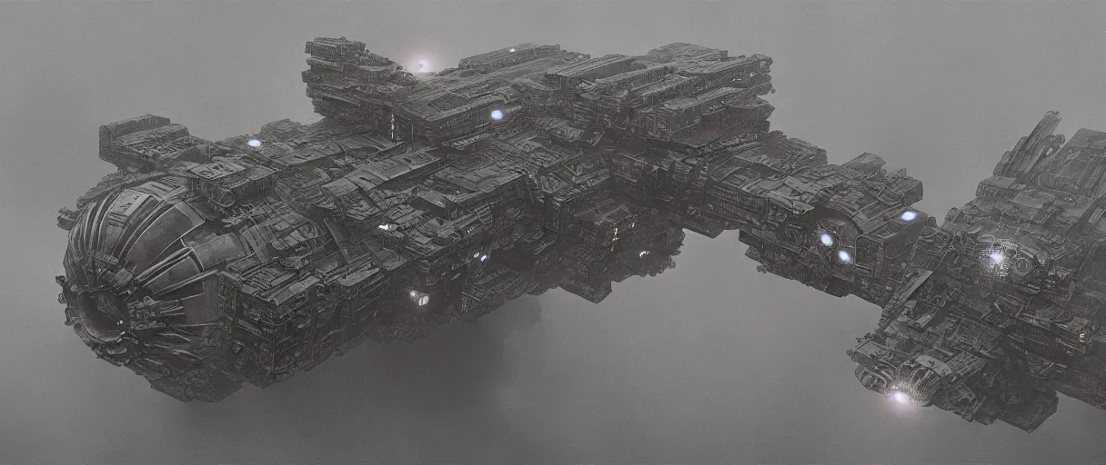 Prompt: concept art, a single huge mothership, a ship traveling to new worlds, deep space exploration, the expanse tv series, industrial design, dynamic angle, motion, spatial phenomena, cinematic lighting, 4k, greebles, widescreen, wide angle, beksinski, sharp and blocky shapes
