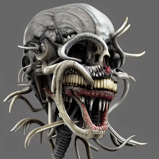 Prompt: highly detailed anatomical biomechanical industrial factory made to chew objects, biomechanical machine made of teeth gums sinew muscle, disturbing biohorror saliva and ooze cinematic 3 d render unreal engine, volumetric lighting, by hr giger!!!