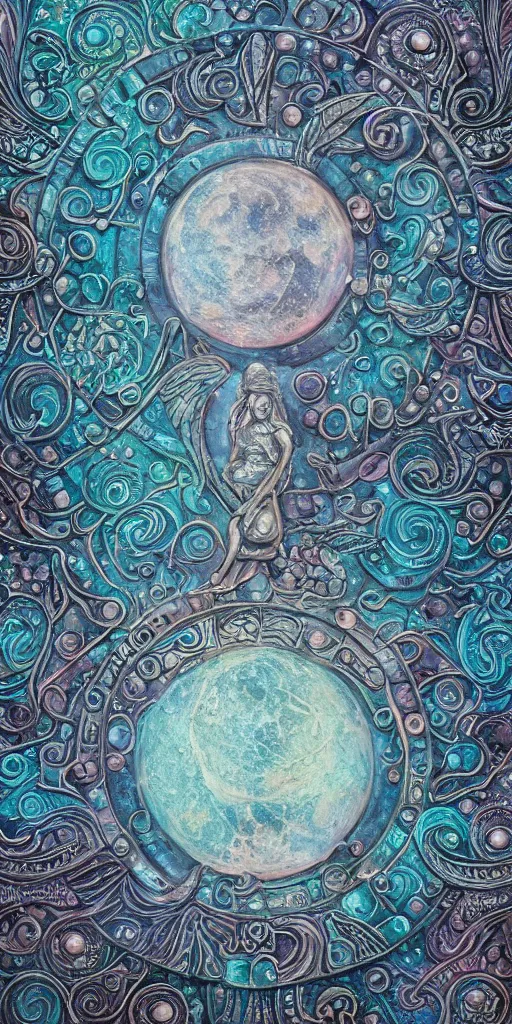 Prompt: intricate colourfully painted carved Soapstone relief paneling, pearl and pale blue toned, celestial, cosmos, galaxies, planets, divinity, moon goddess, mother earth, Earth Goddess mythology, Gaia, angels, dream atmosphere, Ghostly, crystaline celtic, insanly detailed , artstation, wallpaper, hyper realistic, realistic lighting