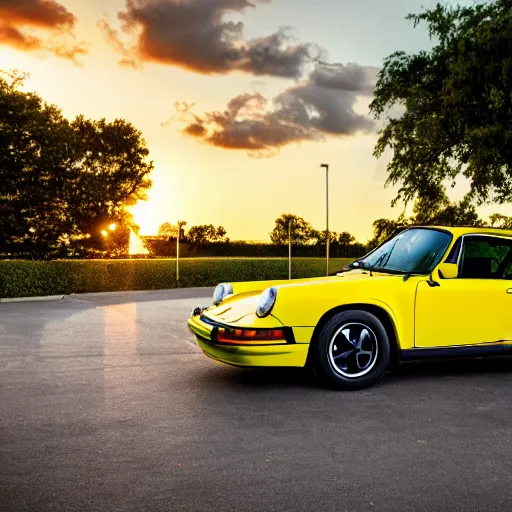 Image similar to a yellow 1 9 8 5 porsche 9 1 1 turbo, palm beach swimming pool, sunset, hyperreal, 4 k