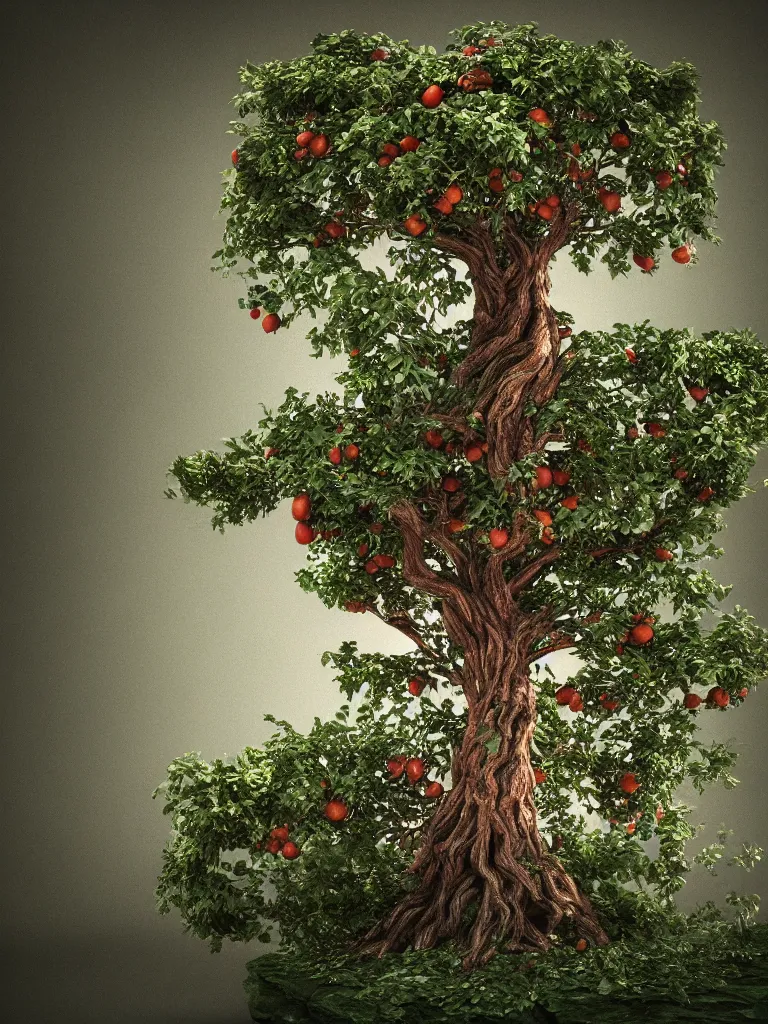 Image similar to highly detailed 3 d render of a mythical tree with sparse leaves of tomato, mozzarella, basil, hyper realistic octane render, cinematic lighting, deviantart, lowbrow, surrealism, pixar still