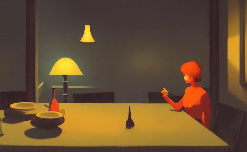 Image similar to a mysterious surreal dimly lit dinner scene illustration by atey ghailan and escher and edward hopper, surreal