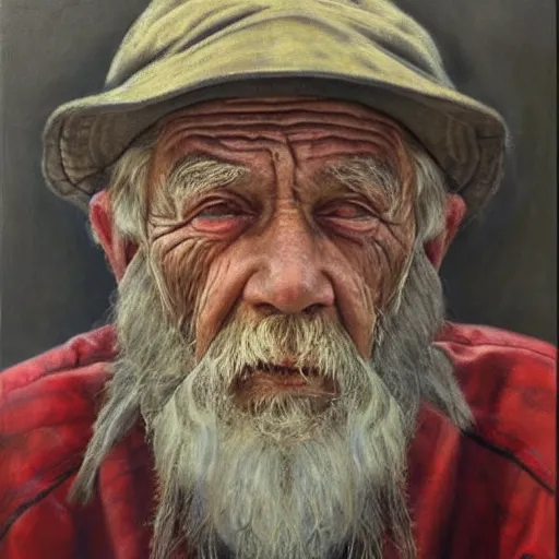 Prompt: realistic portrait painting of a wizened wrinkled old bearded fisherman, centered composition, identical gazing eyes, oil on canvas