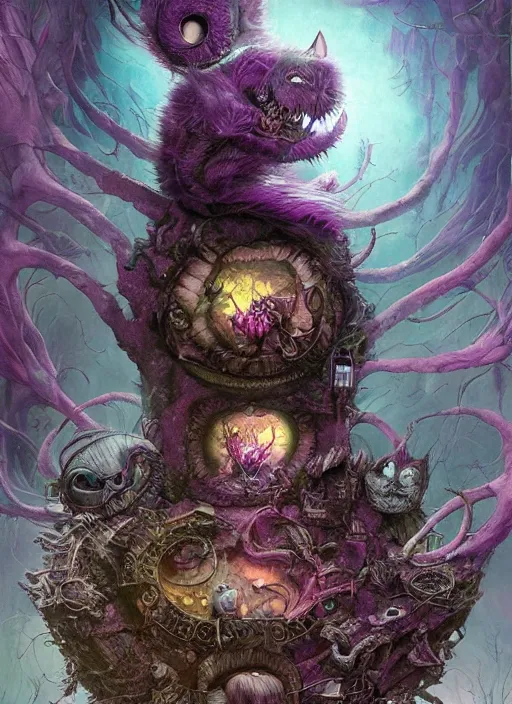 Image similar to cheshire cat, highly detailed, cinematic, 8 k, by megan duncanson, benjamin lacombe, stanley artgermm, tom bagshaw, craig mullins, carne griffiths, ayami kojima, beksinski, giger, trending on deviantart, hyper detailed, horror, full of colour