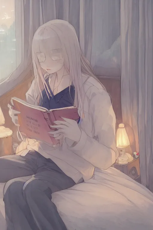 Image similar to a teenage girl in a jk uniform outfit in the bedroom reading a book in a night, raining outside the window, grey and orange theme ， wavy white long hair, by krenz cushart and mucha and akihito yoshida and greg rutkowski and makoto shinkai and wlop, detailed eyes, 4 k resolution