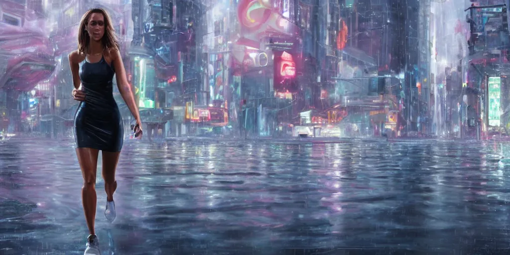 Image similar to ultra realistic painting of jessica alba in the 1 9 8 9 city of tacoma, wearing a wet white short dress, looking into the camera with a smirk while running in a cyberpunk city, art by ross draws, 4 k, ultra realistic, highly detailed, epic lighting