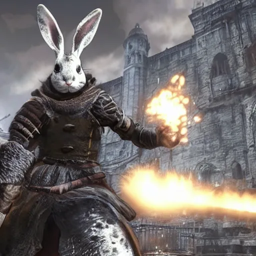 Prompt: a rabbit in the video game Dark Souls 3