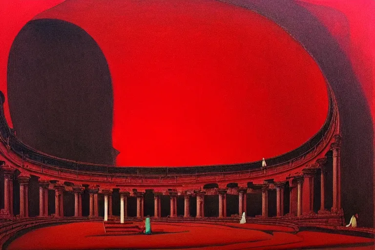 Image similar to only with red, a red great emperor, taormina amphitheatre, crowd with big smile, in the style of beksinski, parts by edward hopper, parts by rodcenko, parts by yue minjun, intricate and epic composition, red by caravaggio, insanely quality, highly detailed, masterpiece, red light, artstation, 4 k