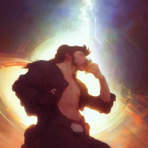 Image similar to A man drinking a cup of cosmic energy bright light, illustration by Ruan Jia and Mandy Jurgens and William-Adolphe Bouguereau, Artgerm, 4k, digital art, surreal, anime style, space dandy style, highly detailed, godsend, artstation, digital painting, concept art, smooth, sharp focus, illustration by Ruan Jia and Mandy Jurgens and William-Adolphe Bouguereau, Artgerm