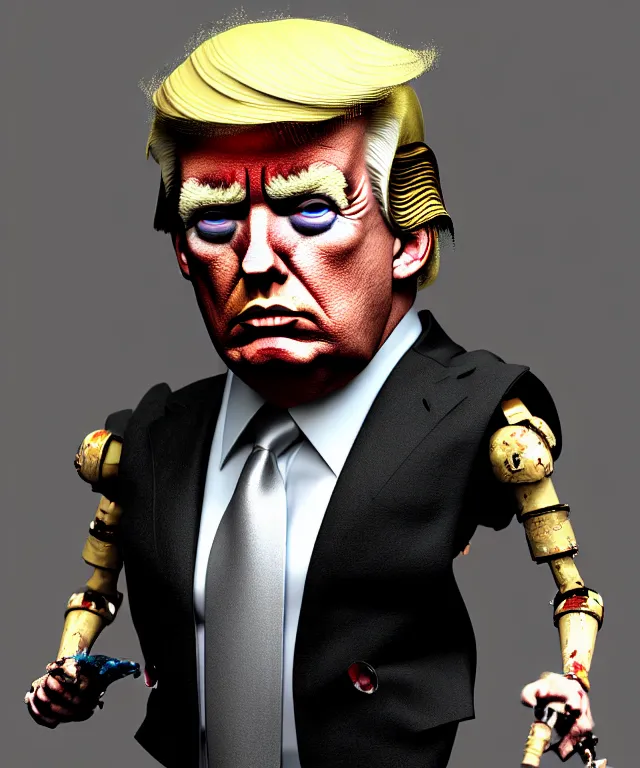 Image similar to hyperrealistic mixed media painting of Donald Trump as the doll from 'Saw', stunning 3d render inspired art by P. Craig Russell and Barry Windsor-Smith + perfect facial symmetry + dim volumetric lighting, ornate gothic armor, head and shoulders, d&d, arms crossed, serious expression, 8k octane beautifully detailed render, post-processing, extremely hyperdetailed, intricate, epic composition, grim yet sparkling atmosphere, cinematic lighting + masterpiece, trending on artstation, very very detailed, masterpiece, stunning