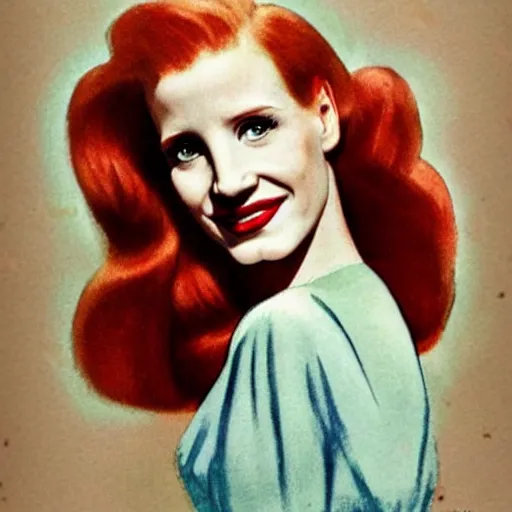 Prompt: “Jessica Chastain portrait, color vintage magazine illustration 1950”