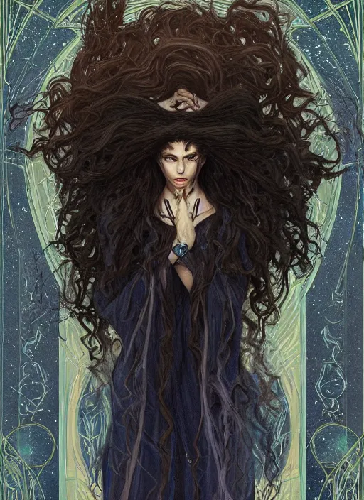 Prompt: medium - length portrait of a female sorcerer, arcane sigils hovering over her hands, with long curly hair and glowing blue eyes, dark brown skin, stern expression, wears a long robe, fantasy setting, dramatic pose, highly detailed, digital painting, artstation, concept art, sharp focus, illustration, art by greg rutkowski and alphonse mucha