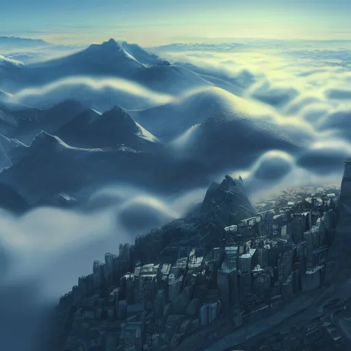 Image similar to grand scale. city built into a mountain peak, above the clouds, clouds below. beautiful. matte painting, artstation 4 k.