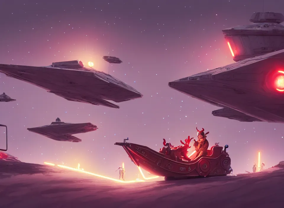 Prompt: extremely detailed concept art of a star wars santa sleigh by makoto shinkai and lois van baarle, ilya kuvshinov, rossdraws, global illumination, octane render, digital art, trending on artstation, sharp focus, 4 k