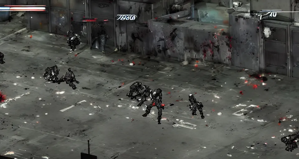 Prompt: 2011 Video Game Screenshot of Neo-tokyo Cyborg bank robbers vs police, Set inside of Parking Garage, Dark, Multiplayer set-piece Ambush, Tactical Squads :10, Police officers under heavy fire, Suppressive fire, Pinned down, Destructible Environments, Gunshots, Headshot, Bullet Holes and Anime Blood Splatter, :10 Gas Grenades, Riot Shields, MP5, AK45, MP7, P90, Chaos, Anime Machine Gun Fire, Gunplay, Shootout, :14 FLCL + Akira Cel-Shaded:17, Created by Katsuhiro Otomo + Arc System Works + miHoYo: 20