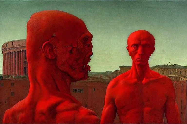 Image similar to only with red, caesar after war, the great deal, a red tiger, in hoc signo vinces, rome in background, an ancient path, in the style of beksinski, part by hopper, part by rodcenko, part by hofbauer, intricate composition, red by caravaggio, insanely quality, highly detailed, masterpiece, red light, artstation