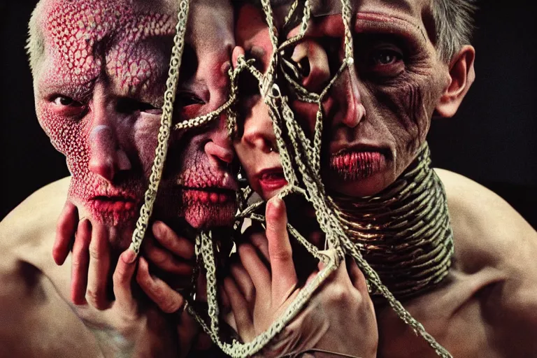 Image similar to 35mm color, humans enslaved, chained together, artificial intelligence, portrait, fashion shoot, weird, random, strange, hyperdetailed, photorealistic, interesting, by David la chapelle and karol bak and david cronenberg and WETA digital, Dariusz Zawadzki , ID magazine, octane rendering, cinematic, hyperrealism, octane rendering, 8k, depth of field, bokeh.