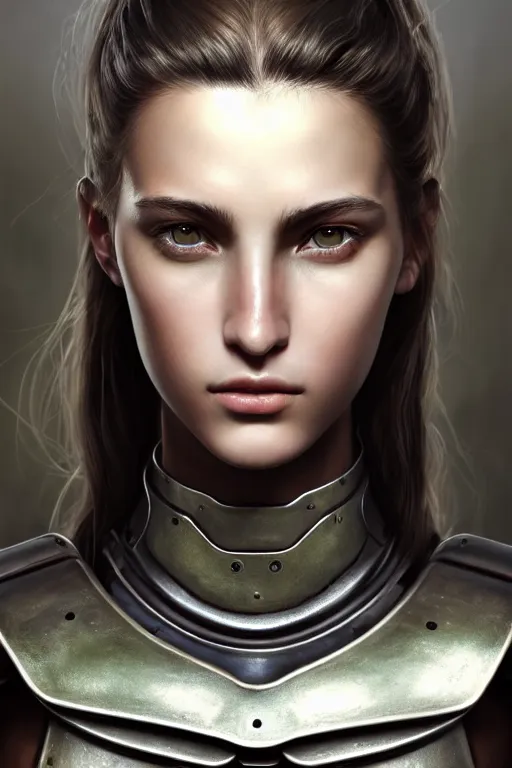 Prompt: a photorealistic painted portrait of an attractive young girl, partially clothed in dull metal-plated battle armor, olive skin, long dark hair, beautiful bone structure, symmetric facial features, facial markings, perfect photorealistic eyes, natural physique, intricate, elegant, digital painting, concept art, finely detailed, beautifully illustrated, sharp focus, minimal artifacts, from Metal Gear, by Ruan Jia and Mandy Jurgens and Artgerm and William-Adolphe Bouguerea, in the style of Greg Rutkowski, trending on Artstation, award winning