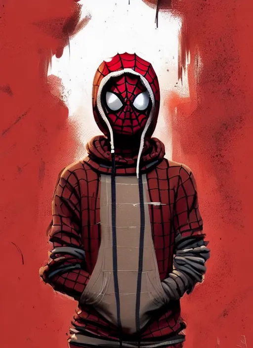 Prompt: highly detailed portrait of a sewer spiderman, tartan hoody, ringlet hair by atey ghailan, by greg rutkowski, by greg tocchini, by james gilleard, by joe fenton, by kaethe butcher, gradient red, brown, cream and white color scheme, grunge aesthetic!!! ( ( graffiti tag wall background ) )