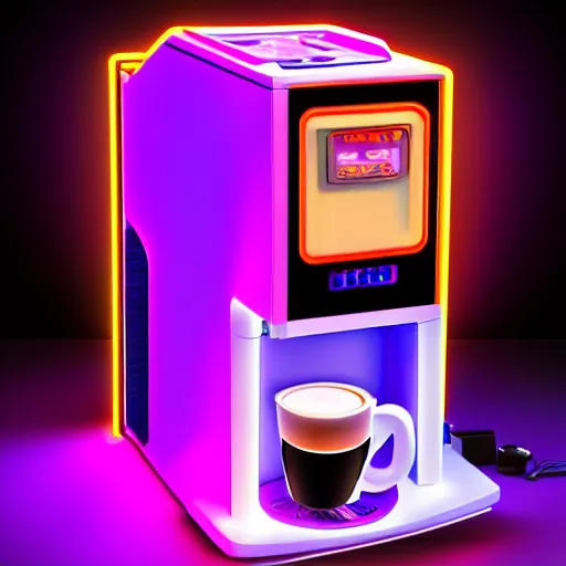 Image similar to a cyberpunk coffee machine, neon lights, vaporware colors.