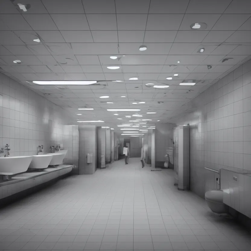 Image similar to an infinite public restroom with endless stalls and endless sinks fading into the distance, cinematic lighting, volumetric lighting, award winning photography, highly detailed, intricate, sharp focus, 4 k wallpaper, unreal engine, 9 0 mm, f / 1. 4