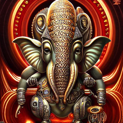 Image similar to biomechanical robot Ganesha , hyper-realistic futuristic portrait, intricate details, hyperdetailed fantasy character, supersharp, hypermaximalist, dramatic lighting, hajime sorayama, brom, Indian god, Ganesha, ganapati, vinayak, futuristic portrait of photorealistic Cyborg Ganesha