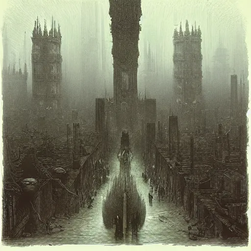 Prompt: gigantic eldritch aliens attack Victorian London. People screaming and running. Raining. Greg Rutkowski, Gustave Doré, Zdzisław Beksiński