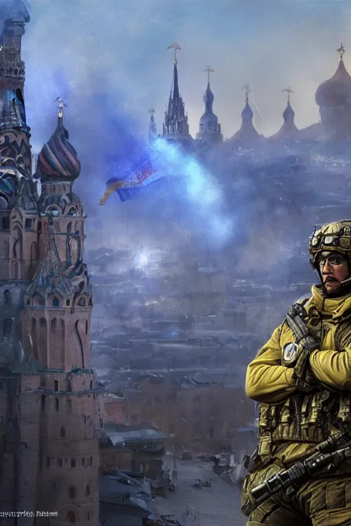 Image similar to special forces soldier raising ukrainian blue and yellow flag, kremlin st. basil cathedral in the background, masculine figure, d & d, fantasy, bright atmosphere, volumetric lights, intricate, elegant, extremely detailed, digital painting, artstation, concept art, matte, smooth, sharp focus, hyper realistic, illustration, art by artgerm and greg rutkowski and alphonse mucha