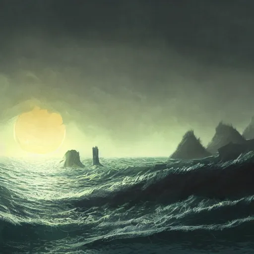 Image similar to a digital painting of cthulu emerging from the sea in the distance, silhuette, back lighting, dramatic scene, detailed, night time, full moon, in the style of greg rutkowski