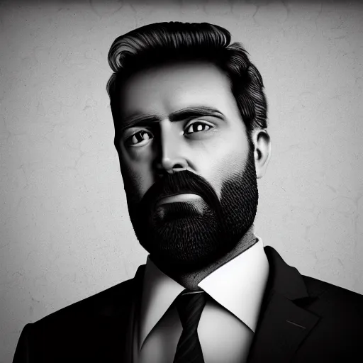 Image similar to bearded rugged man, noir detective, suit and tie, 4 k, photo realistic, black and white