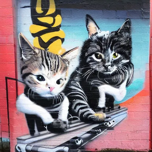 Image similar to Street-art painting of cats on synthesizer in space, style of Banksy, photorealism