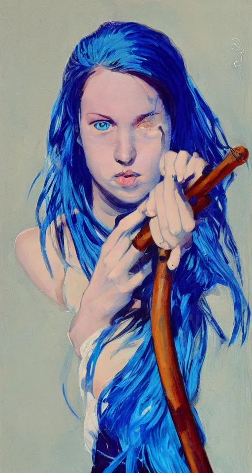 Image similar to amospheric portrait of a teenage rocker girl from the 9 0 s, blue hair, blue eyes, wielding a staff, in the style of joaquin sorolla, bill sienkiwicz, syd mead, atmospheric, detailed