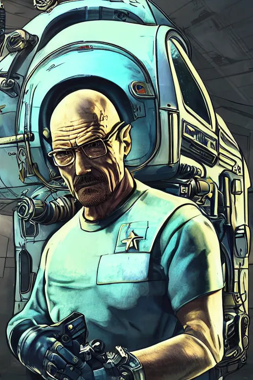 Prompt: fallout 4 retro futurist illustration art of walter white, highly detailed,