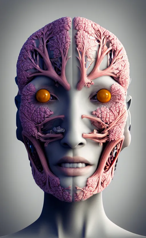 Image similar to 3D render of a beautiful profile face portrait of a female cyborg, 150 mm, flowers, Mandelbrot fractal, anatomical, flesh, facial muscles, veins, arteries, full frame, microscopic, elegant, highly detailed, flesh ornate, elegant, high fashion, rim light, ray trace, octane render in the style of H.R. Giger