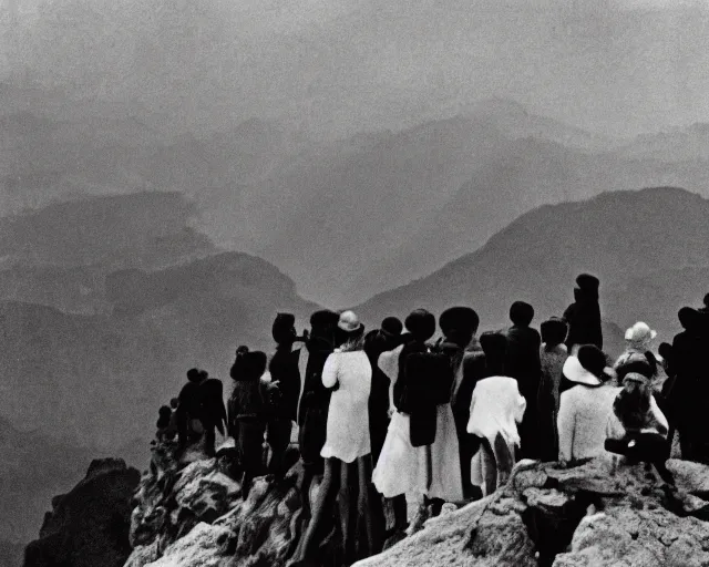 Image similar to a group of people standing on top of a mountain, a black and white photo by Sergio Larraín, featured on flickr, remodernism, movie still, criterion collection, 1920s