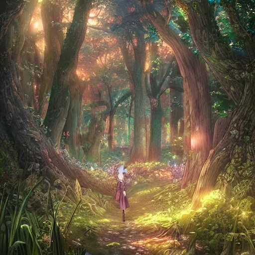 Image similar to the aesthetic view of the beautiful, grand, wistful, dreamy hidden forest at dusk, hyperrealistic anime illustration by iralki nadar, colorful, extremely detailed, intricate linework, super sharp focus, bright colors, octopath traveler, studio ghibli, unreal engine 5 highly rendered, global illumination, radiant light, detailed and intricate environment