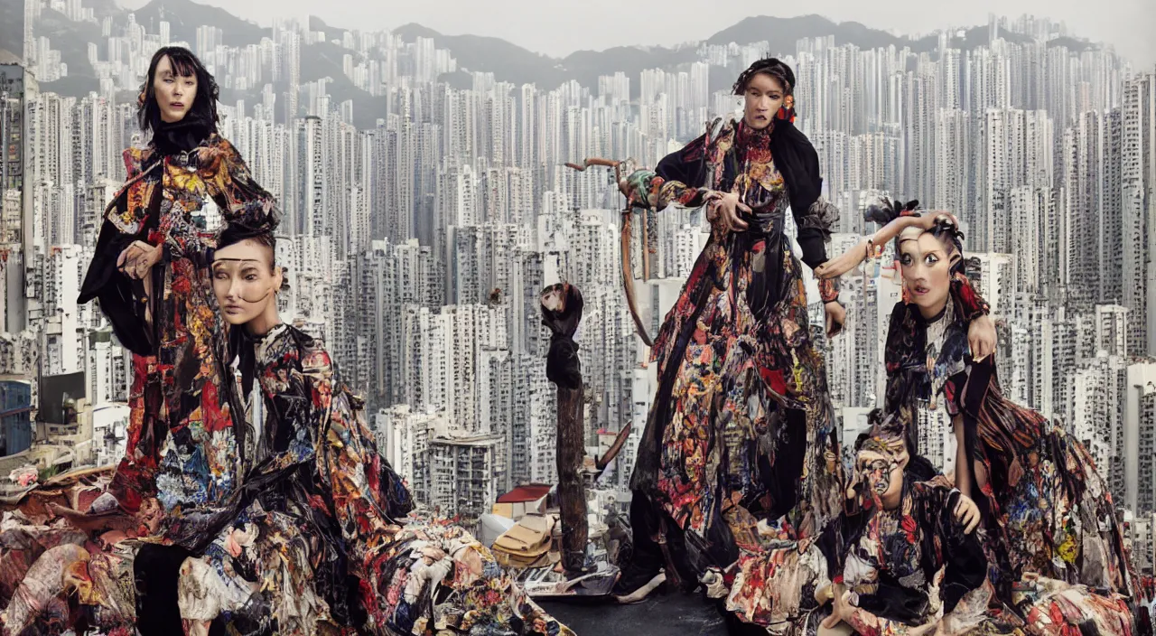 Image similar to fashion editorial portrait by jimmy nelson. on a roof in hong kong