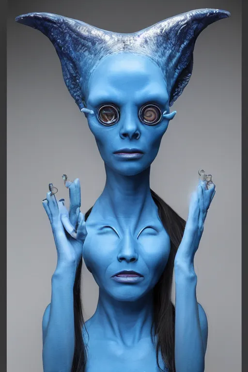 Prompt: portrait of a blue alien woman, silicone skin, 4 eyes, pierced with plasma jets, 5 th element, cinematrographic, elegant, soft shapes, sharp details, 3 5 mm, f / 2 4