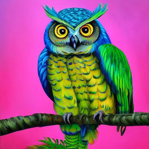 Prompt: hybrid bird cross between owl and colorful parrot detailed oil painting 4k