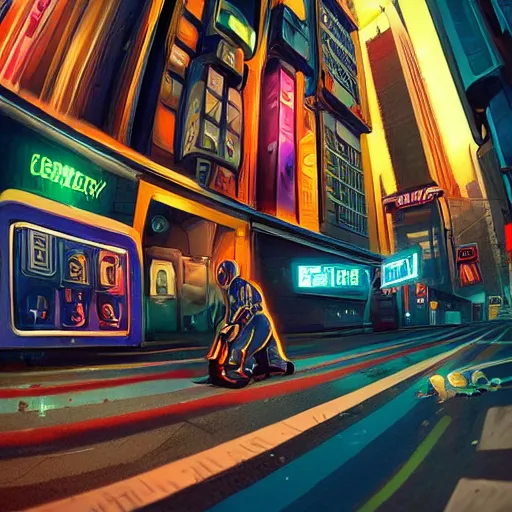 Prompt: 2 3 rd century!!!!! cyberpunk town street, cinematic photography, vibrant, fisheye!!!!! lens, ( ( ( ( ( worm's - eye view ) ) ) ) ), illustrated by max hay, artstation, cgsociety contest winner, dramatic lighting, vignette