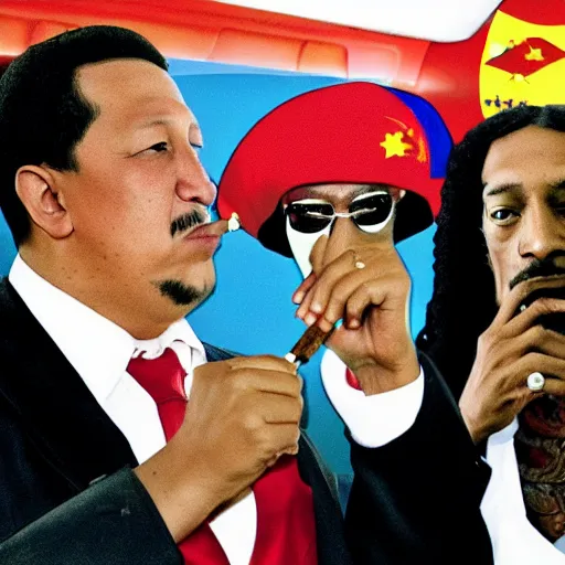 Image similar to hugo chavez smoking with snoop dog in a party inside a private jet, realistic render, award winning photography, very coherent, many details, venezuelan flag, detailed faces