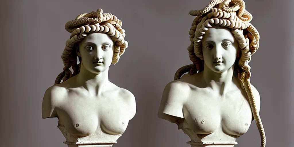 Image similar to greek sculpture, bust, young woman as medusa, with a wig made from snakes